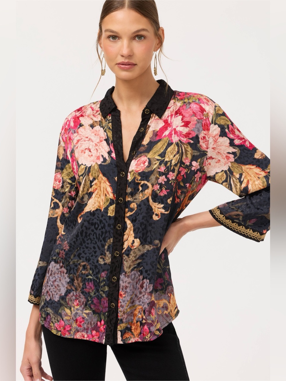Johnny Was Cherie Kimono Sleeve Shirt Womens XS Black Floral Button Front Boho